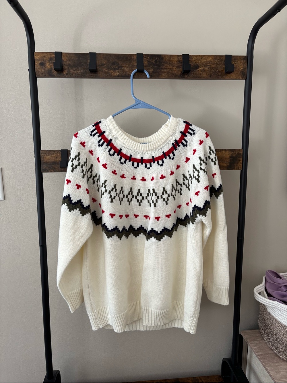 Women's Cream Fair Isle Crewneck Sweater with Red & Green Pattern